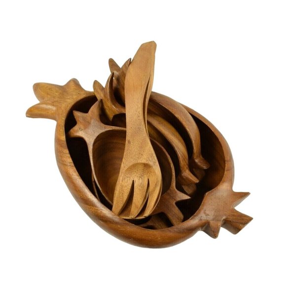 Vintage Monkey Pod Pineapple Wooden Bowl Salad Set 7 Pieces Tiki Beach - Picture 8 of 11